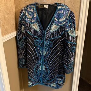 Vintage Sequin Beaded Silk Jacket Glam Party Cocktail Embellished Women's Size M